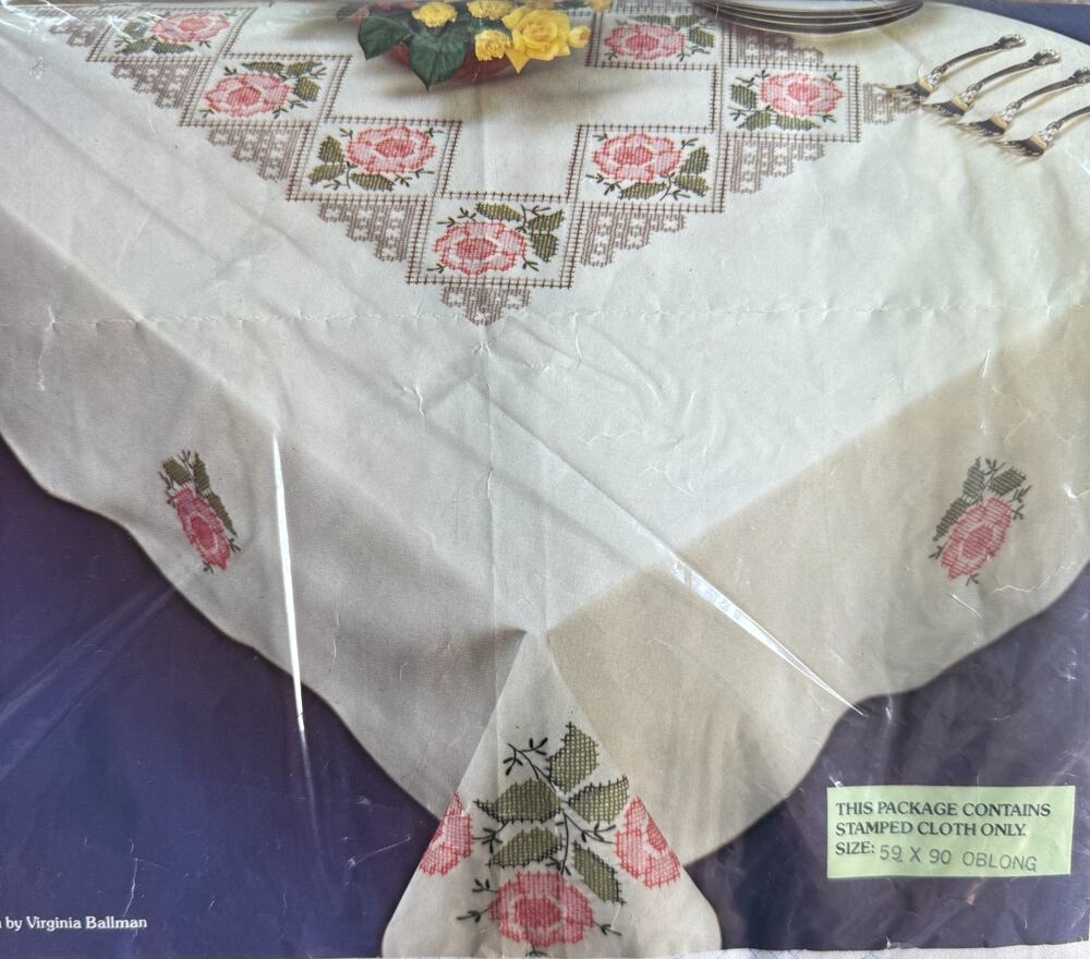 Paragon Stamped Tablecloth Rose Enchantment 0900 Oblong 59" x 90" Cross Stitch